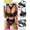 Kaei&Shi Garter Lingerie For Women,Choker Underwire Strappy Floral Lace Sexy Lingerie,High Waisted Garter Belt Garter Leg Strap G String Matching 4 Piece Lingerie Set Boudoir Black Medium