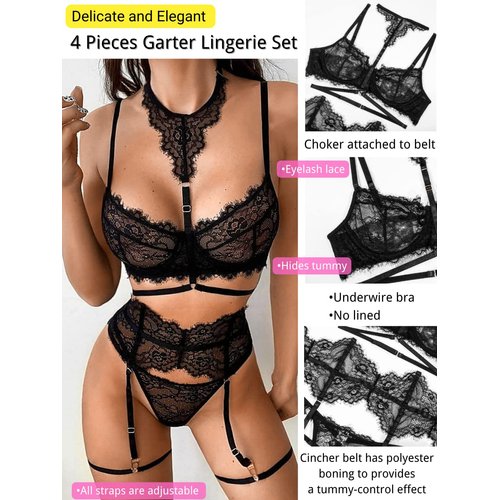 Kaei&Shi Garter Lingerie For Women,Choker Underwire Strappy Floral Lace Sexy Lingerie,High Waisted Garter Belt Garter Leg Strap G String Matching 4 Piece Lingerie Set Boudoir Black Medium