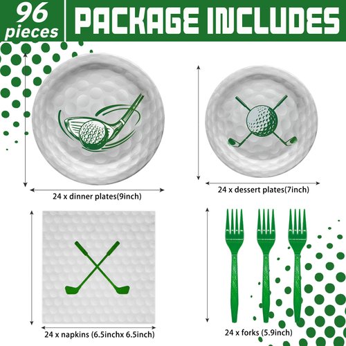 96Pcs Golf Party Supplies Disposable Tableware Set Serve 24 Guests Include Golf Paper Plates and Napkins Green Plastic Forks Sports Theme Retirement Golf Birthday Party Decorations
