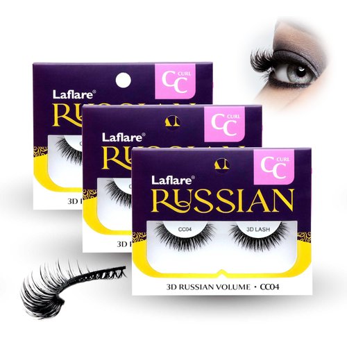 Laflare 3D False Eyelashes Russian volume Strip Lashes | Fluffy, Wispy, Lightweight | Faux Mink Eyelashes Extension C Curl Wispy Handmade Soft Reusable 3 Packs Value Combo. (FCC04X3C)