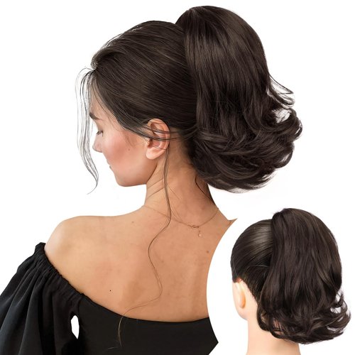KooKaStyle Ponytail Extension, 10" Short Claw Clip in Pony Tails Hair Extensions Curly Wavy Synthetic Drawstring Ponytail Hair pieces for Women Girls Dark Brown