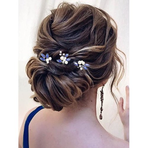 Latious Bride Wedding Hair Pins Pearl Bridal Hair Piece Blue Crystal Hair Clips Rhinestones Hair Accessories for Women and Girls (Pack of 3) (Silver)