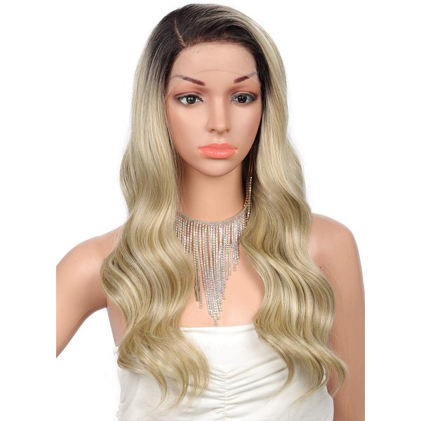 Kalyss 24" Side Parted Lace Front Wigs for Women Long Body Wavy Curly Heat Resistant Japan-made Synthetic Lace Frontal Wigs with Baby Hairs for Daily Wear (Ombre Brown to Champagne Blonde)