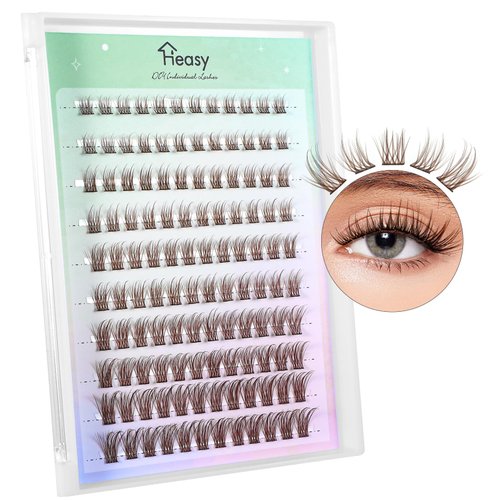 Brown Eye Lashes, 120 Pcs Brown False Eyelashes 8-16mm, C Curl Brown Fluffy Self-adhesive Lashes with Clear Band, Natural Look False EyelashesL