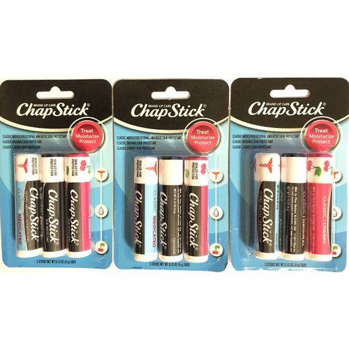 Chap Stick Lip Care - Variety Package - 1x Classic Medicated, 1x Classic Original, 1x Classic Cherry Per Package - Pack of 3 Packages (Total of 9 Lip Balm Sticks)