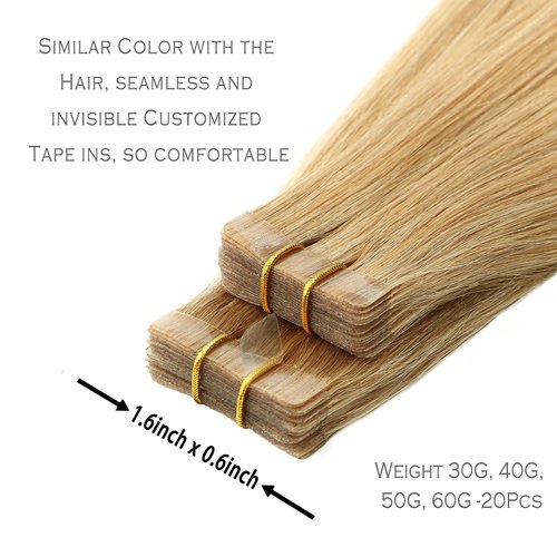 Honey Blonde Tape in Hair Extensions Remy Human Hair Strawberry Blonde 20Inch 20Pcs 50G Thick from Top to End, Silky and No Tangle Staight Tape ins for Fashion Women (20Inch #27 50g)