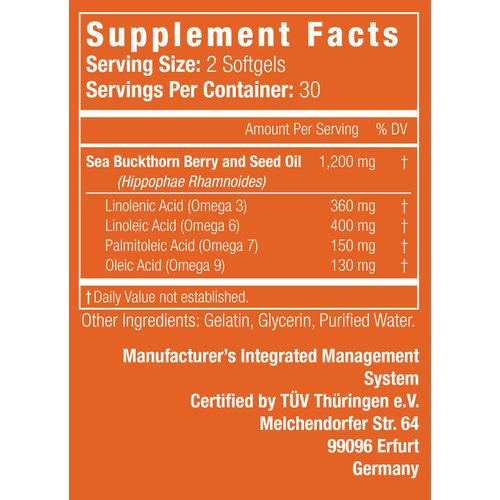 Nattura Complete Omega 3-6-7-9, Pure Sea Buckthorn Oil, European Quality, from Unrefined, Cold Pressed Whole Sea Buckthorn Wild Berries - 1,200mg - 2 Bottles