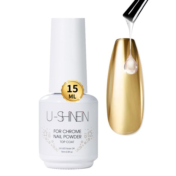 U-Shinein 15ml Top Coat for Chrome Nail Powder, No Wipe High Gloss Chrome Powder Top Coat Gel Shine Finish Clear Gel Nail Polish, Long Lasting Soak Off Nail Lamp Nail Gel DIY Nail Art Manicure