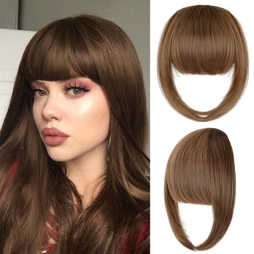 Bangs Hair Clip in Extensions French Bang Natural Full Fake Bangs Straight Fringe Hairpieces with Temples for Women Daily Wear Wigs Light Chestnut Brown
