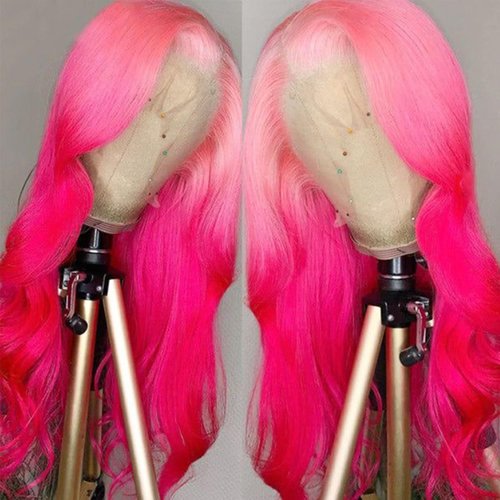 WKIPYCPK Ombre Pink Lace Front Wig 24 Inch Long Wavy Hair Hot Pink Wig Pre Plucked Heat Resistant Synthetic Lace Front Wigs for Fashion Women
