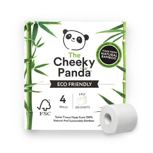 The Cheeky Panda Bamboo Toilet Paper | 4 Rolls with 200 Soft Sheets Each | Strong 3 -Ply Bamboo Tissue Paper | Plastic Free Packaging