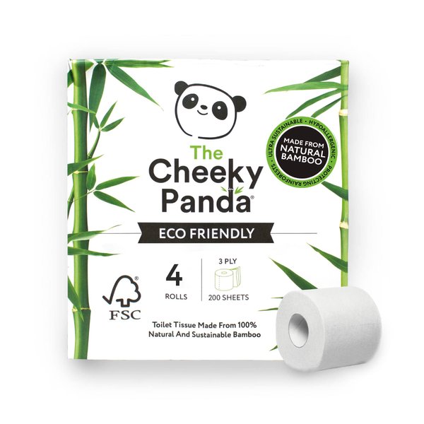 The Cheeky Panda Bamboo Toilet Paper | 4 Rolls with 200 Soft Sheets Each | Strong 3 -Ply Bamboo Tissue Paper | Plastic Free Packaging