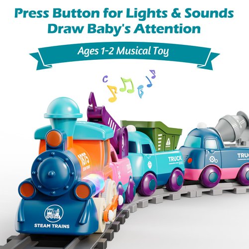 Lipneaed Train Set for Toddlers, Magnetic Train Toys for Toddlers 3+ Electric Train Set with Train Tracks Accessories Battery Operated, 4pcs Trucks Toy Train for Boys and Girls