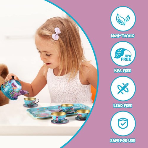 15 PCS Mermaid Tea Party Set for Little Girls, Pretend Tin Teapot Set, Princess Tea Time Play Kitchen Toy with Cups, Plates and Carrying Case for Birthday Gifts Kids Toddlers
