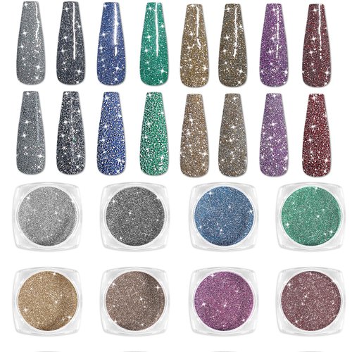 Laza 8 Colors Korea Diamond Nail Powder Sparkling Crystal Glitter Holographic Nail Glitter Dust Laser Silver Mirror Effect Bright Shining Flakes for Acrylic Nails Polish Nail Art DIY Decoration