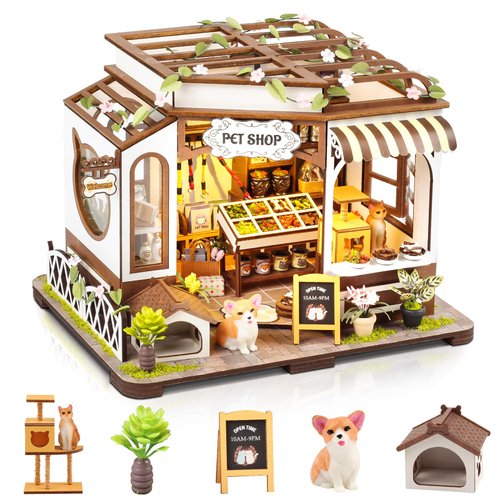 DIY Miniature House Kit,Tiny House Pet Shop with Furniture & LED,DIY Dollhouse Miniature Kit for Adults Teen,Mini House Building kit,3D Wooden Craft Mini Model Kit,Birthday Gifts Home Decor