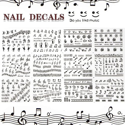 12 Sheets Black Music Notes Nail Stickers for Nail Arts, 3D Nail Decals Self-Adhesive Nail Art Supplies for Nail Designer, Nail Tattoos for Women Girls, pegatinas para uñas with Musical