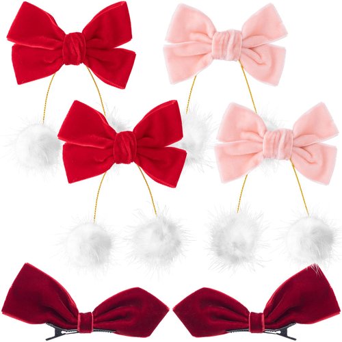 PAGOW 6 PCS Bowknot Hair Clips, Red Velvet Bows Tassels Hair Pins, Hair Side Ponytail Clip, Alligator Holder Tassel Hairpins Hair Accessories For Women, Girls, Bride, Bridesmaid