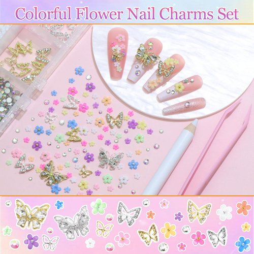 RODAKY Flower Nail Charms Colorful 3D Flowers for Nails Metal Butterfly Nail Art Charms with Rhinestones AB Clear Nail Gems Blossom Flower Nail Decoration Y2K Nail Jewelry for Women Manicure DIY