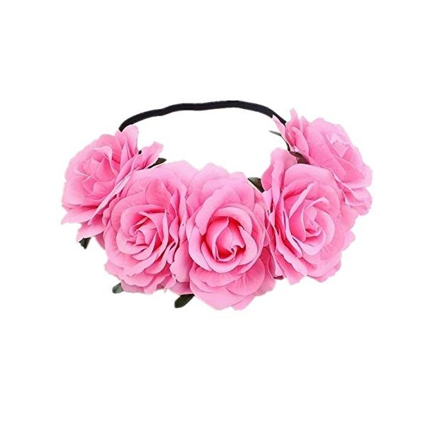 DNHCLL Rose Flower Crown Headband (Pink) for Women Girl - Handmade Polyester Hair Accessory with Elastic Bands - Perfect for Weddings, Festivals, Photoshoots, and Everyday Wear
