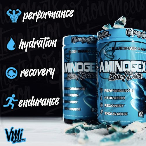 VMI Sports Aminogex Ultra | EAA + BCAA Powder | Amino Acid + Hydration Recovery Drink with Electrolytes, Betaine and Glutamine | (30 Servings) (Blue Shark Gummy)
