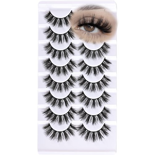 QUNETY Mink Lashes Fluffy Wispy Eyelashes Natural Fake Eye Lash Pack 8D Short Strips Eyelash Reusable False Lashes for Doll Eye Small Dramatic Volume Spiky Cluster Strip Lashes (Fluffy | 9-16mm)