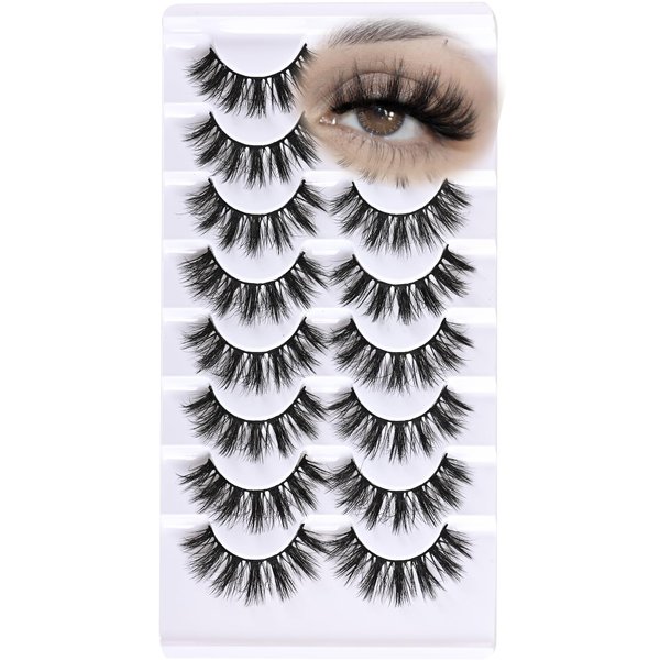 QUNETY Mink Lashes Fluffy Wispy Eyelashes Natural Fake Eye Lash Pack 8D Short Strips Eyelash Reusable False Lashes for Doll Eye Small Dramatic Volume Spiky Cluster Strip Lashes (Fluffy | 9-16mm)