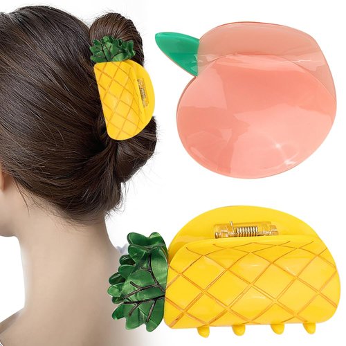 2 PCS Fruit Shaped Hair Claw Clip Hair Jaw Clips Fashion Summer Hair Claw Clips Strong Hold Hair Barrettes Hairpins Hair Ponytail Holder Decor Hair Accessories for Women Girls (Pineapple + Peach)