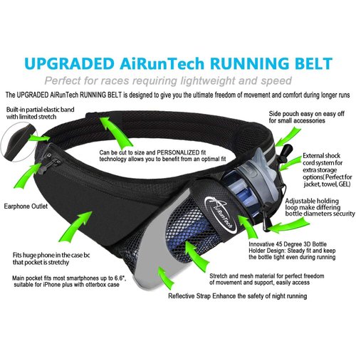 AiRunTech Upgraded No Bounce Hydration Belt Can be Cut to Size Design Strap for Any Hips for Men Women Running Belt with Water Bottle Holder Pocket Fits Smartphones Black Bottle diameter up to 3.2 in