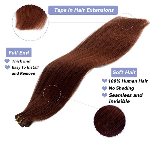 Tape in Remy Human Hair Extensions #33 Dark Auburn Double Sided Seamless Skin Weft Silk Straight 100% Real Hair Glue in Extensions for White Women 60grams 22 Inch