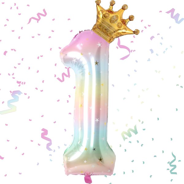 Stars Rainbow Gradient Number 1 Balloon,40 Inch Giant Number Balloon & Mini Crown Balloon for Birthday Party Decorations,Girl 1st Birthday Party Decorations,Foil Mylar Birthday Digital Balloon