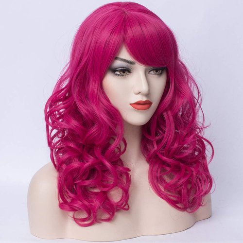 PATTNIUM Hot Pink Wig Women Shoulder Length Curly Wig Dark Pink Wig With Bangs for Women and Girls Synthetic Cosplay Costume Wig (Hot Pink)