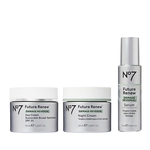 No7 Future Renew Damage Reversal Skincare Set - Anti Aging Face Serum (.33 Fl Oz), Day Cream with SPF 25 (1.69 Fl Oz) & Night Cream (1.69 Fl Oz) - Reverses Visible Signs of Sun Damage - 3-Piece Set