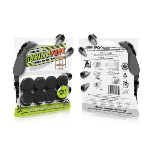 Slipstick GorillaPads CB147 Non Slip Furniture Pads/Gripper Feet (Set of 16) Self Adhesive Rubber Floor Protectors, 1 inch Round, Black