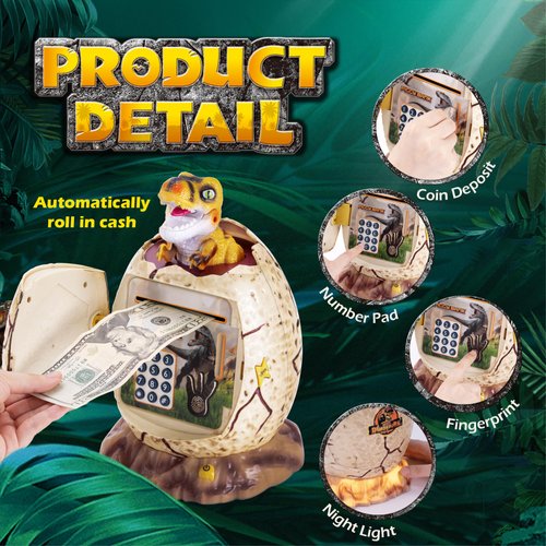 EVTHSU Dinosaur Egg ATM Piggy Bank for Boys,Kids Electronic Password Mini Safe for Real Money,Great Dino Decor Toys Gifts for Christmas Birthday Easter(White)