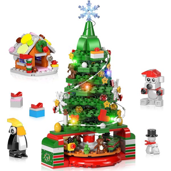Flivoosh Christmas Building Blocks, Christmas Tree Building Set, Christmas Building Bricks with LED Lights for Kids Stocking Stuffers Xmas Toys for Boys Girls Adults, Christmas Decorations