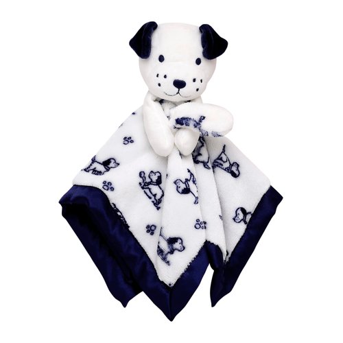 Plush Rattle Baby Snuggle Blanket with Embroidery and Satin, Blue and White Little Me Puppy Toile Print, Puppy Toy (14 inch)