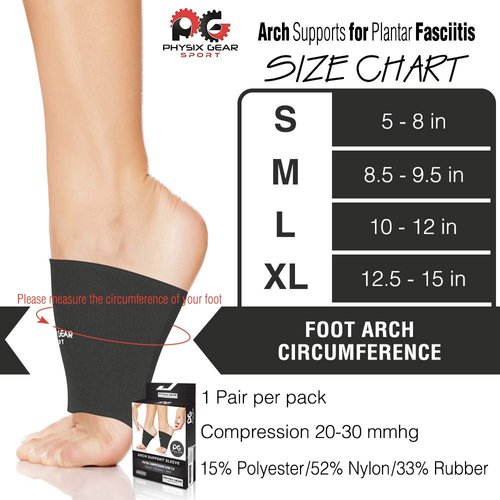 Physix Gear Sport Arch Supports for Plantar Fasciitis Relief (1 Pair) - Foot Sleeve Arch Support for Flat Feet, Plantar Fasciitis Wrap, Arch Compression Support Sleeves, Fast Relief (Black, S)