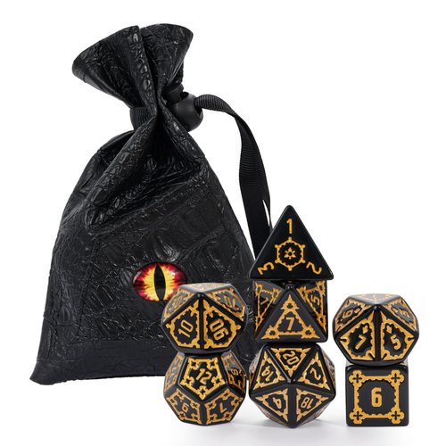 cusdie 7 Pcs 25mm Giant DND Dice with Dragon Eye Dice Bag, Polyhedral Dice Set, D&D Dice for Dungeons and Dragons Pathfinder RPG MTG(Black)