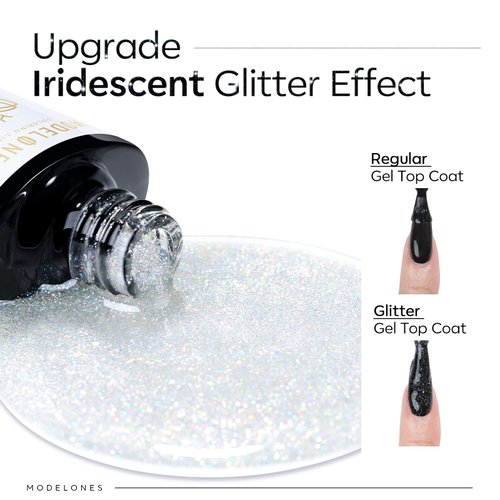 modelones Iridescent Silver Glitter Gel Top Coat - No Wipe, Glossy Finish, Long Lasting, Soak Off Gel Polish Nail Art Manicure, 10ml