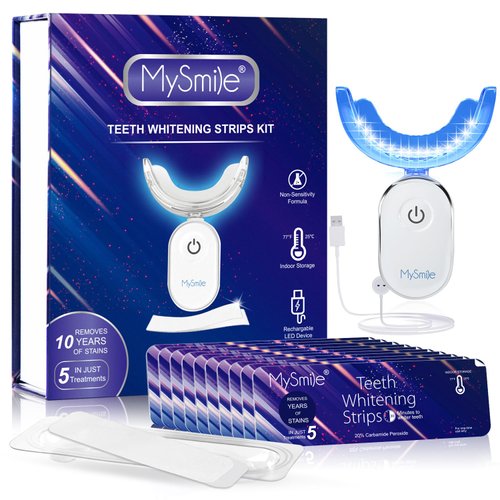 MySmile Non-Sensitive 10Pcs Teeth Whitening Strips Kit with Waterproof 28X LED Light 10-Min Fast Remove Coffee Wine Tobacco 20 Years of Stains Whitening Tooth Care Oral Safe for Enamel