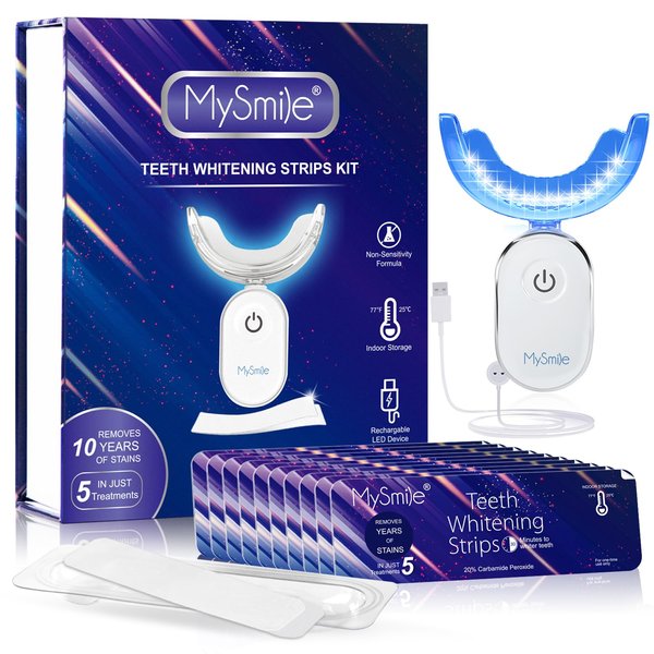 MySmile Non-Sensitive 10Pcs Teeth Whitening Strips Kit with Waterproof 28X LED Light 10-Min Fast Remove Coffee Wine Tobacco 20 Years of Stains Whitening Tooth Care Oral Safe for Enamel