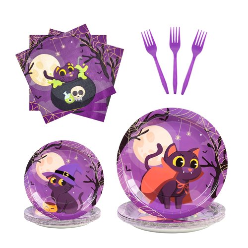96PCS Halloween Plates and Napkins, Halloween Party Plates Cat Paper Plates Disposable Halloween Dinnerware for Halloween Decorations Halloween Party Supplies, Serves 24(Cat)