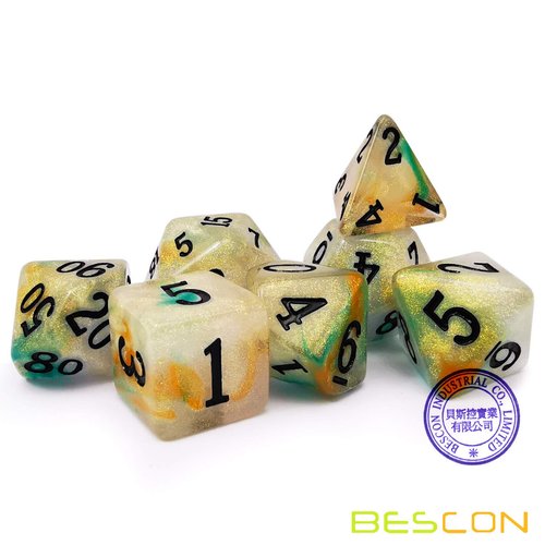 Bescon Magical Stone Dice Set Series, 7pcs Polyhedral RPG Dice Set Gold Ore, Polybag Packing