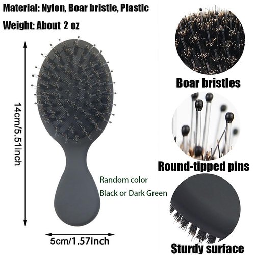 Boar Bristle Mini Hair Brush Travel Detangling Paddle Brush for Curly Fine Straight Natural Tangled Hair, Anti-frizz Detangler Brush Styling Hairbrush for Women Men, Boar Nylon Mixed Bristle Brush