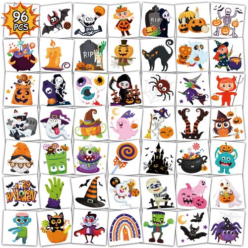 Konsait Halloween Tattoos for Kids, 96Pcs Cute Halloween Tattoos Individually Wrapped, Pumpkin Ghost Witch Bulk Halloween Tattoos, Halloween Party Favors & Halloween Goodie Bag Fillers, 48 Designs