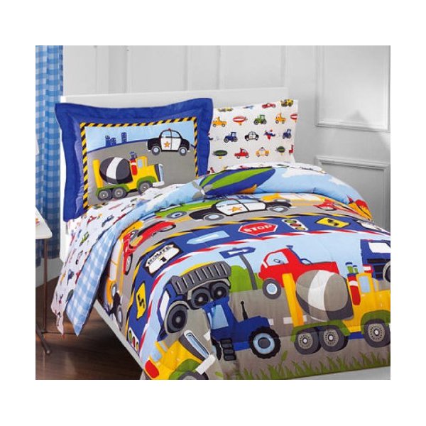 Construction Trucks, Police Cars, Tractors, Boys Twin Comforter Set (5 Piece Bedding)