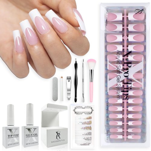 SXC Cosmetics French Tip Press On Nails Pink Series, Medium Square X-Pro Tips Starter Kit