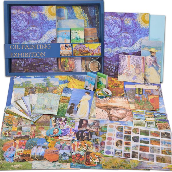 Scrapbooking Supplies Kit Plus 480Pcs, Vintage Van Gogh Oil Painting Aesthetic Scrapbook Kit for Bullet Junk Journal, DIY Journaling Supplies, Stationery, A5 Grid Notebook, Craft Gift Kid Girl