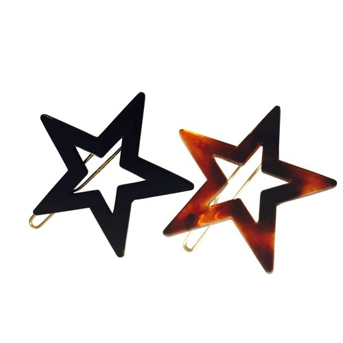 Parcelona French Twin Star Set of 2 Brown Shell N Black Celluloid Acetate Hair Slide Barrette with Snap on Clip for Girls